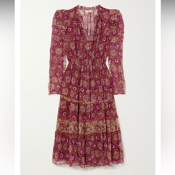ULLA JOHNSON ALESSANDRA SILK FLORAL MIDI DRESS -WINE Silk Size 0 - Picture 12 of 15